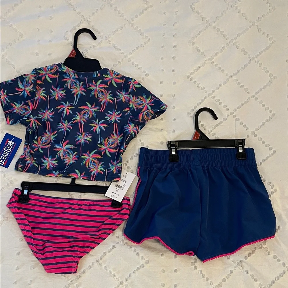 Tropical Kids Bikini Set - Navy and Pink shirt, shorts, bottoms, NWT